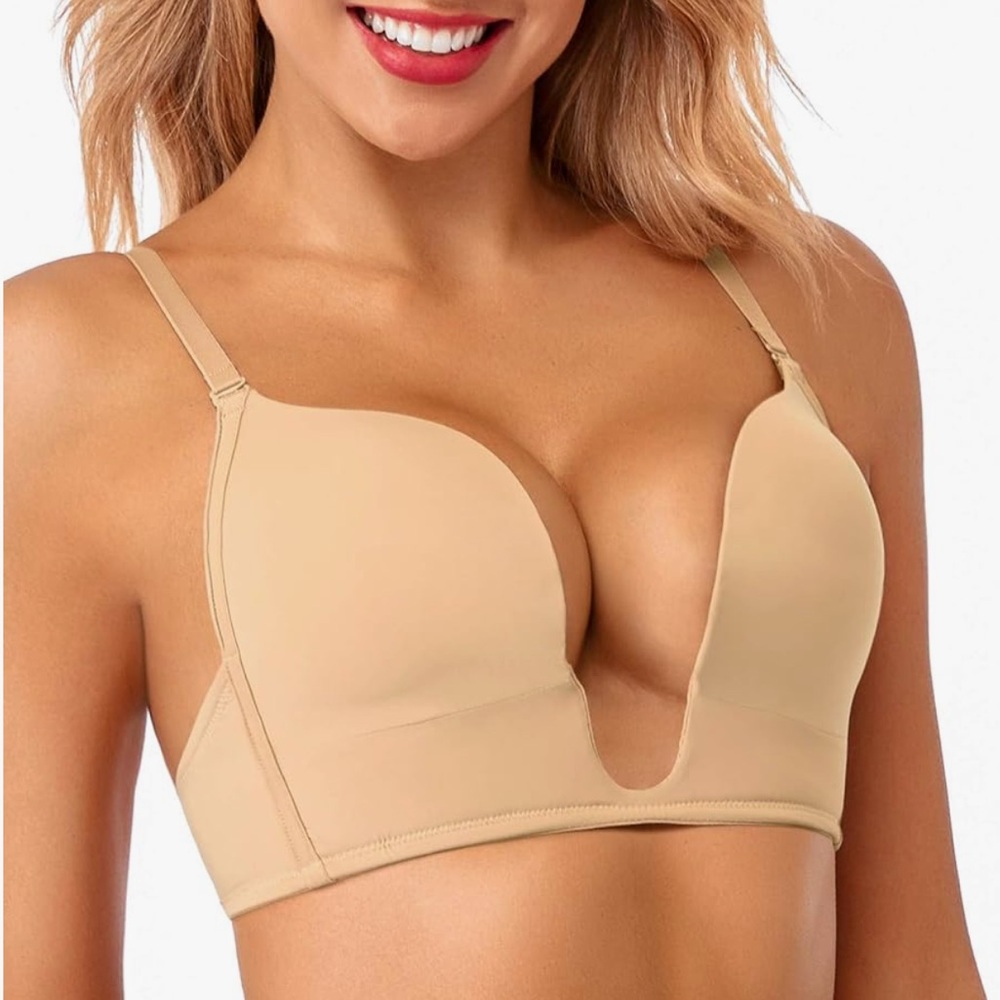 NEW Deep Plunge Multi-Way Bra Low Cut Cleavage Enhancer Wireless Push-Up Bra 34C